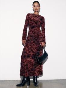 Nöista Velvet Floral Burnout Dress. Party, Wedding Guest, Elegant Style. Elegant Boho - Burgundy - View 6