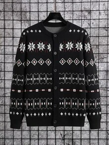 Manfinity CasualKnits Men's Round Neck Long Sleeve Button-Up Cardigan , Casual Knitted Autumn/Winter, Black Contrast Fair Isle Jacquard Loose Fit Commuter Snowflake Pattern Cardigan, Goth - Black - View 7