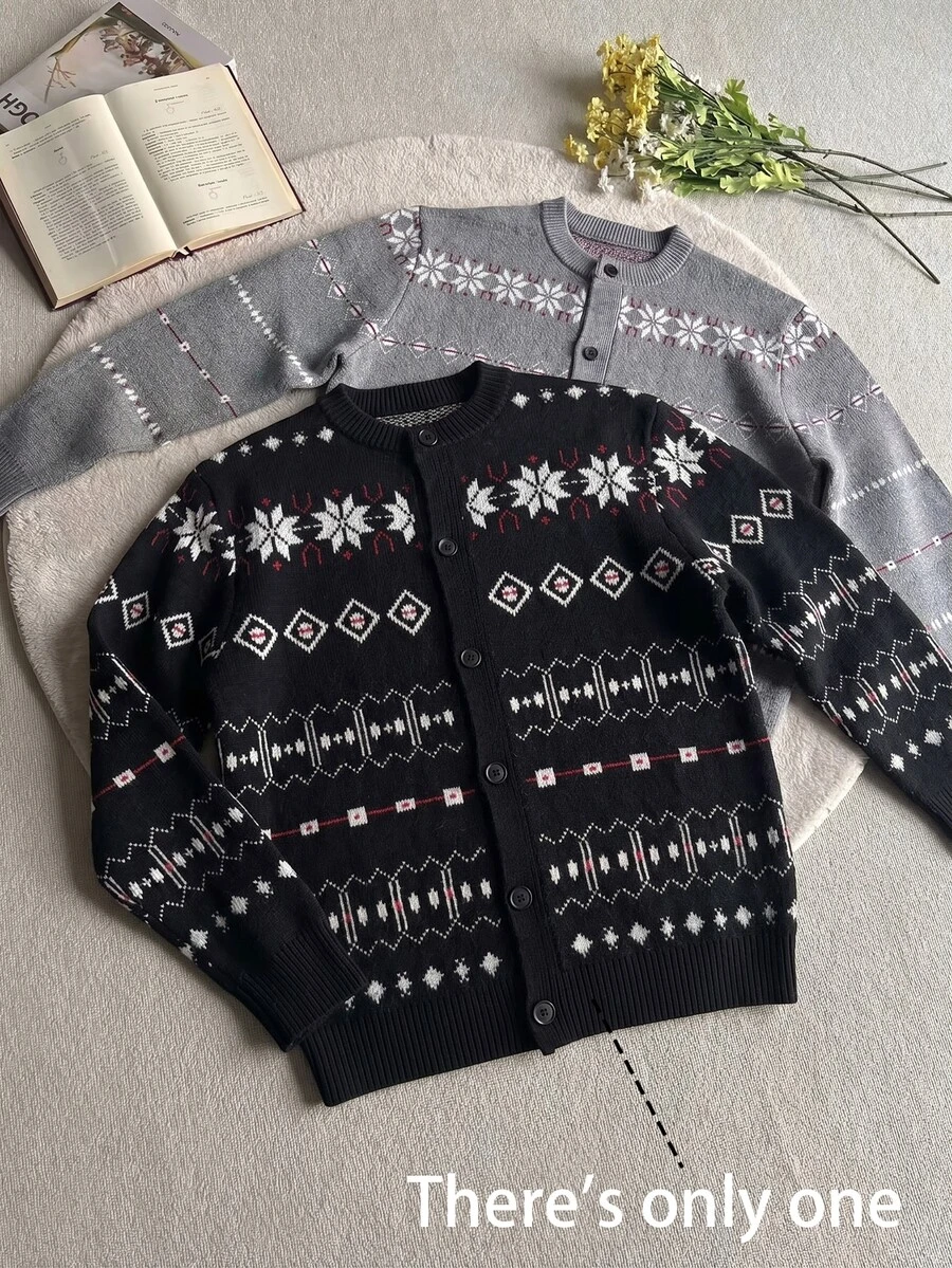 Manfinity CasualKnits Men's Round Neck Long Sleeve Button-Up Cardigan , Casual Knitted Autumn/Winter, Black Contrast Fair Isle Jacquard Loose Fit Commuter Snowflake Pattern Cardigan, Goth