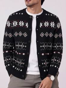 Manfinity CasualKnits Men's Round Neck Long Sleeve Button-Up Cardigan , Casual Knitted Autumn/Winter, Black Contrast Fair Isle Jacquard Loose Fit Commuter Snowflake Pattern Cardigan, Goth - Black - View 6
