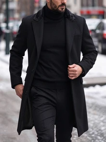 Manfinity Homme Men's Solid Color Pocket & Button Front Long Sleeve Overcoat, Autumn Fall Going Out Overcoat, For Friends, Husband, Boyfriend Gifts, Winter Ceremony - Black - View 3