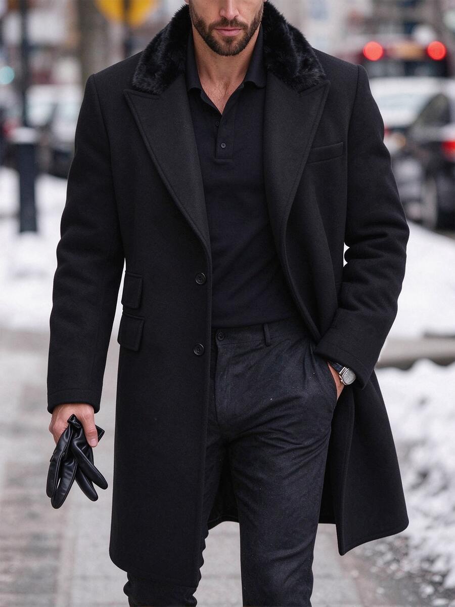 Manfinity Homme Men's Solid Color Pocket & Button Front Long Sleeve Overcoat, Autumn Fall Going Out Overcoat, For Friends, Husband, Boyfriend Gifts, Winter Ceremony - Black - View 1