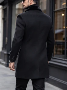 Manfinity Homme Men's Solid Color Pocket & Button Front Long Sleeve Overcoat, Autumn Fall Going Out Overcoat, For Friends, Husband, Boyfriend Gifts, Winter Ceremony - Black - View 2
