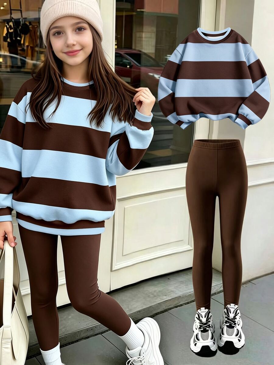 青少年女孩秋冬時尚高端藍色與咖啡色拼接寬橫條紋圓領運動衫與內搭褲套裝,美式復古經典條紋 - 彩色 - 查看 1