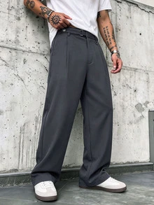 Manfinity CasualCool Men's Pleated Straight Leg Dress Pants With Side Pockets For Office And Commuting - Dark Grey - View 5