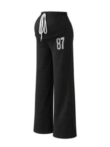 SHEIN Maternity Sweatpants American Style Wide Leg Casual Drawstring Loose Straight Leg Sporty Sweatpants Lazy Long Pants - Black - View 8