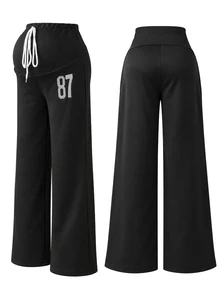 SHEIN Maternity Sweatpants American Style Wide Leg Casual Drawstring Loose Straight Leg Sporty Sweatpants Lazy Long Pants - Black - View 7
