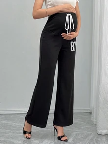 SHEIN Maternity Sweatpants American Style Wide Leg Casual Drawstring Loose Straight Leg Sporty Sweatpants Lazy Long Pants - Black - View 3