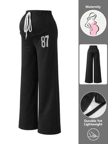 SHEIN Maternity Sweatpants American Style Wide Leg Casual Drawstring Loose Straight Leg Sporty Sweatpants Lazy Long Pants - Black - View 5