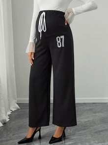 SHEIN Maternity Sweatpants American Style Wide Leg Casual Drawstring Loose Straight Leg Sporty Sweatpants Lazy Long Pants - Black - View 4