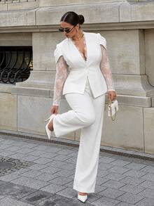 SHEIN BAE CURVE Plus Size Women's White Lace Patchwork Lace Set, Elegant Outfit - White - View 2