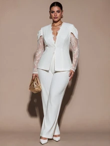 SHEIN BAE CURVE Plus Size Women's White Lace Patchwork Lace Set, Elegant Outfit - White - View 3