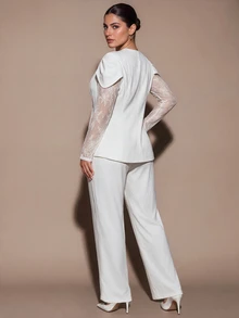 SHEIN BAE CURVE Plus Size Women's White Lace Patchwork Lace Set, Elegant Outfit - White - View 4