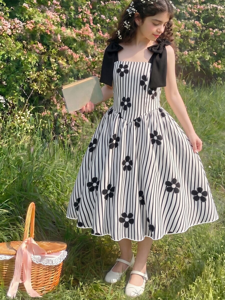 SHEIN 青少年女孩黑色花卉黑色洋裝 返校舞會禮服 秋季洋裝 女孩洋裝