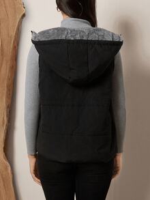 SHEIN LUNE 大尺碼女款黑色秋季休閒登山外套，抽繩收腰抓絨連帽外套，保暖毛絨全拉鍊絎縫派克大衣，適合家庭度假 - 黑色 - 查看 4