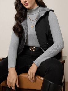 SHEIN LUNE 大尺碼女款黑色秋季休閒登山外套，抽繩收腰抓絨連帽外套，保暖毛絨全拉鍊絎縫派克大衣，適合家庭度假 - 黑色 - 查看 2