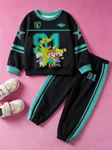 Nick 90s | SHEIN Nick 男童幼兒淘氣士兵卡通印花 2 件套，圓領長袖衛衣 Star 91 圖案，側條紋長褲，藍色，秋季 - 黑色 - 查看 5
