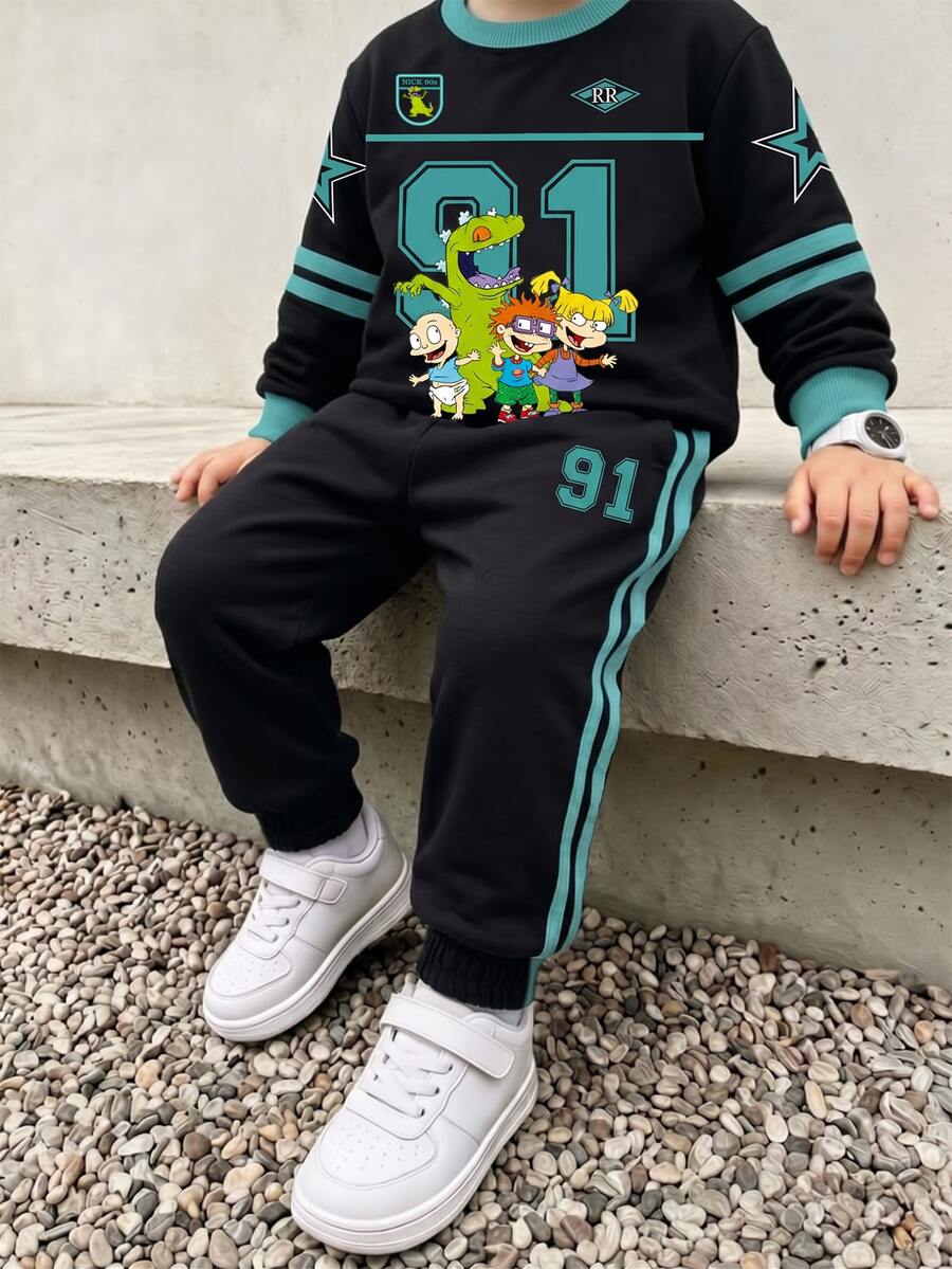 Nick 90s | SHEIN Nick 男童幼兒淘氣士兵卡通印花 2 件套,圓領長袖衛衣 Star 91 圖案,側條紋長褲,藍色,秋季 - 黑色 - 查看 1