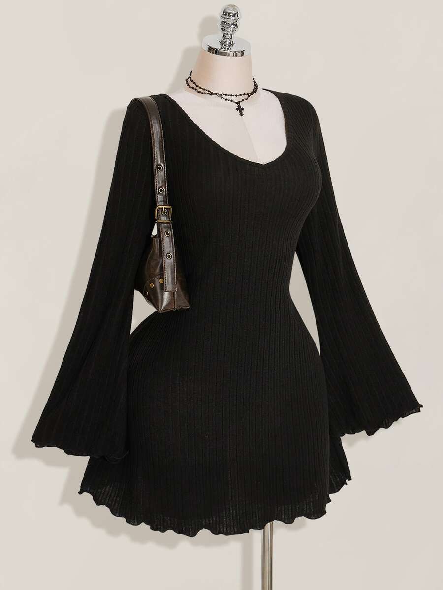 SHEIN ICON Women's Plus Size Autumn And Winter Warm Retro Elegant Commuting Simple V-Neck Trumpet Sleeve Plush Ribbed Black Tight Dress Fall - Black - View 1