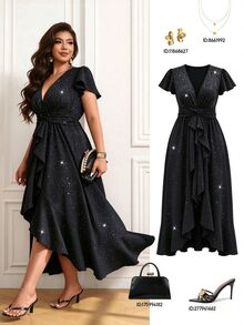 Femmeverse Women's New Elegant Party Style Sequin Silver-Sprinkled Deep V-Neck Asymmetrical Pleated Dress - Black - View 1