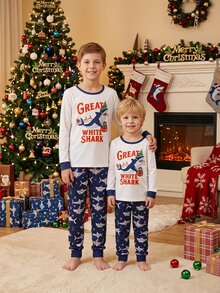 SHEIN Tween Boy 2pcs Autumn/Winter Pajamas Stretchy Snug Fit Long Sleeve Pants Crew Neck Top Allover Print Christmas Snowflake - Navy Blue - View 1