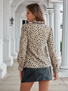Balvessa Dalmatian Print Frill Trim Flounce Sleeve Tie Neck Blouse,Long Sleeve Tops Fall Cloth For Women - Multicolor - View 3