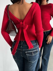 Flirla Women's Sexy Fashionable Cute Sweet Bow Top Christmas Outfit Burgundy Sweater Versatile Fun Party Outing Date Night - Burgundy - View 4