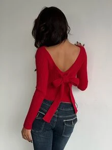 Flirla Women's Sexy Fashionable Cute Sweet Bow Top Christmas Outfit Burgundy Sweater Versatile Fun Party Outing Date Night - Burgundy - View 3