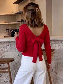 Flirla Women's Sexy Fashionable Cute Sweet Bow Top Christmas Outfit Burgundy Sweater Versatile Fun Party Outing Date Night - Burgundy - View 1