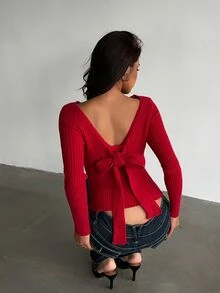 Flirla Women's Sexy Fashionable Cute Sweet Bow Top Christmas Outfit Burgundy Sweater Versatile Fun Party Outing Date Night - Burgundy - View 2