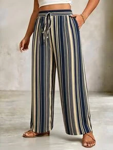 EMERY ROSE CURVE Navy Blue Vertical Striped Wide Leg Vacation Style Casual Plus Size Pants Fall - Royal Blue - View 1