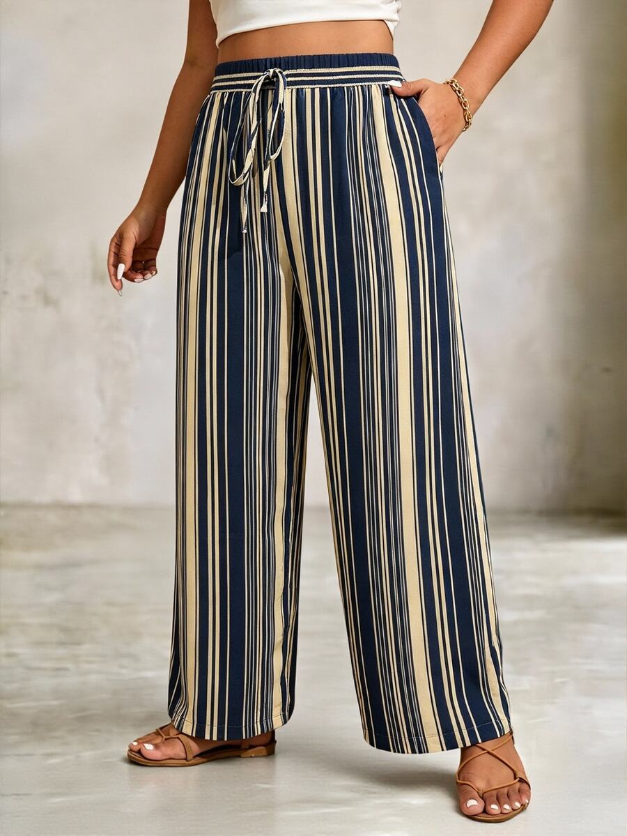 EMERY ROSE CURVE Navy Blue Vertical Striped Wide Leg Vacation Style Casual Plus Size Pants Fall - Royal Blue - View 1