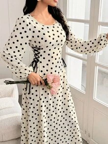 Modelyn 圆领灯笼袖侧抽绳双色印花连衣裙 - 白色 - 查看 3