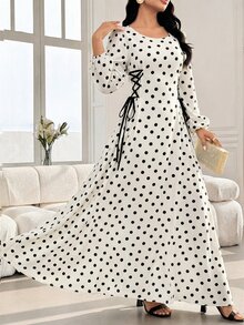 Modelyn 圆领灯笼袖侧抽绳双色印花连衣裙 - 白色 - 查看 7