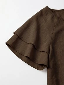 Balvessa Women's Double Layer Ruffle Raglan Sleeve Round Neck Top, Elegant Commute Style For Spring/Summer - Brown - View 6