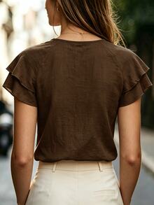Balvessa Women's Double Layer Ruffle Raglan Sleeve Round Neck Top, Elegant Commute Style For Spring/Summer - Brown - View 3