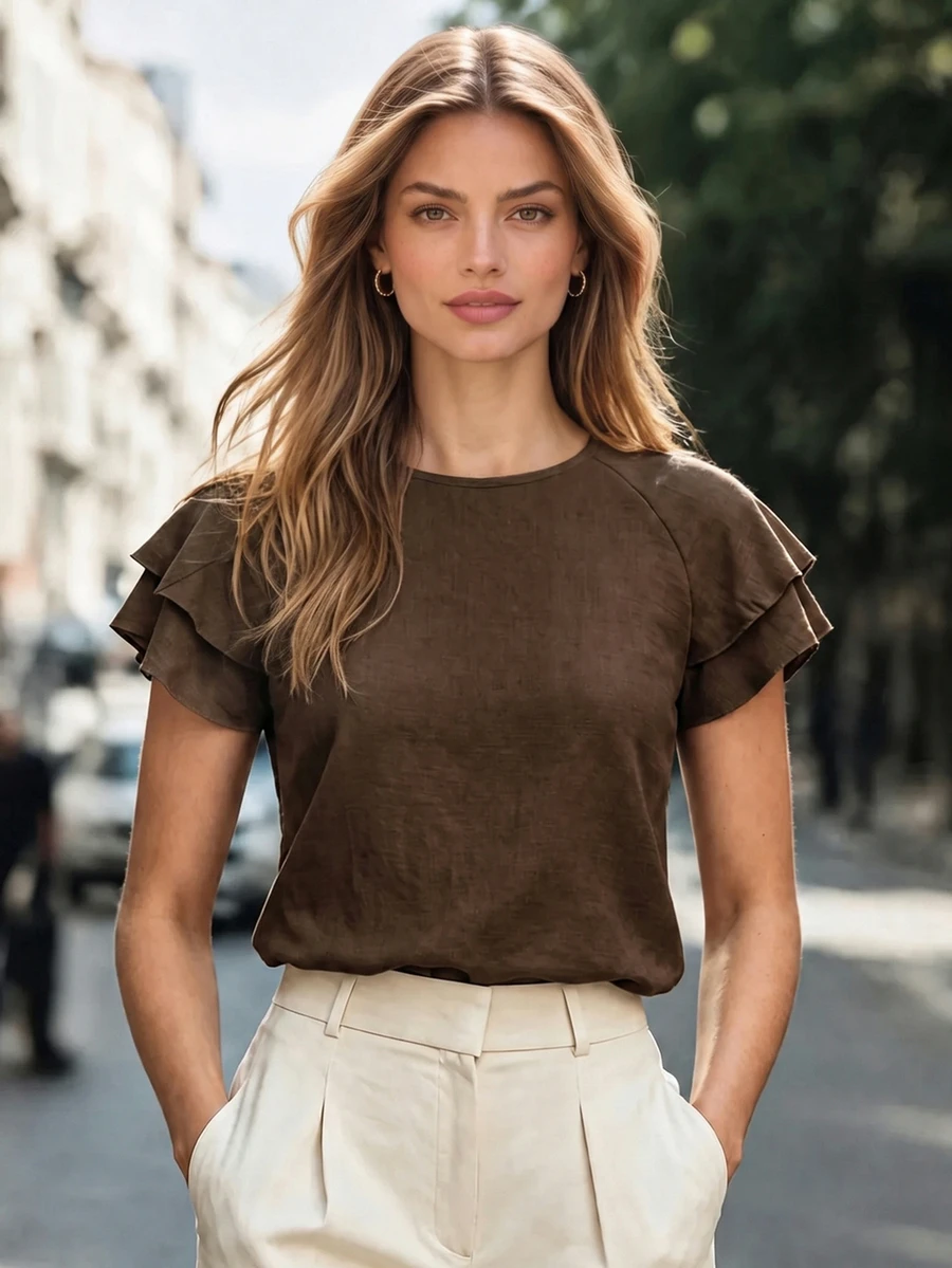 Balvessa Women's Double Layer Ruffle Raglan Sleeve Round Neck Top, Elegant Commute Style For Spring/Summer - Brown - View 1