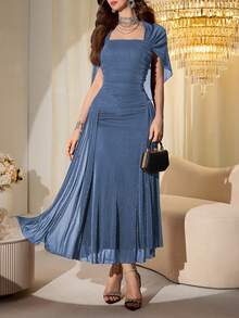 Modelyn Elegant Mesh Shiny Strapless Shawl Sleeve Fitted Long Dress For Women, Spring & Autumn - Blue - View 4