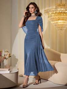 Modelyn Elegant Mesh Shiny Strapless Shawl Sleeve Fitted Long Dress For Women, Spring & Autumn - Blue - View 5