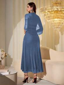 Modelyn Elegant Mesh Shiny Strapless Shawl Sleeve Fitted Long Dress For Women, Spring & Autumn - Blue - View 2