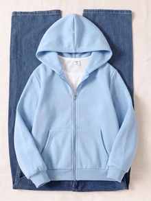 SHEIN Kids Tween Girl Autumn/Winter Casual Hooded Cardigan Jacket - Blue - View 4
