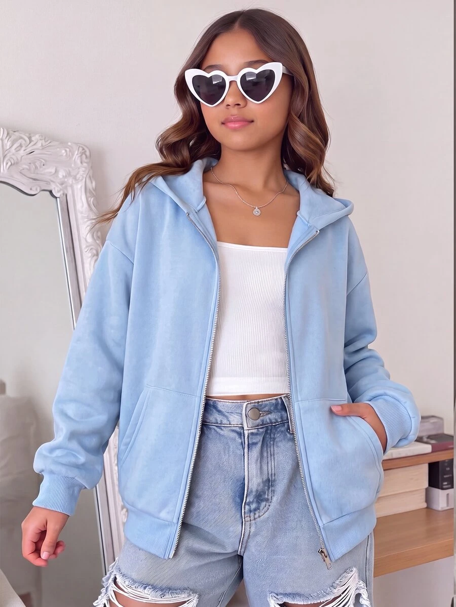 SHEIN Kids Tween Girl Autumn/Winter Casual Hooded Cardigan Jacket - Blue - View 1