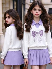 Tween Girls Winter Tops 2pcs Set Loose Knit Casual Preppy Cute Sequin Colorblock Holiday Outfits Daily School Student Purple Matching Family - Multicolor - View 3