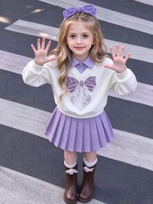 Tween Girls Winter Tops 2pcs Set Loose Knit Casual Preppy Cute Sequin Colorblock Holiday Outfits Daily School Student Purple Matching Family - Multicolor - View 1