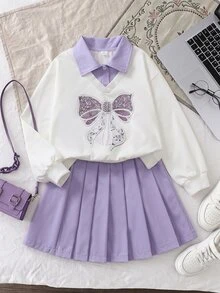 Tween Girls Winter Tops 2pcs Set Loose Knit Casual Preppy Cute Sequin Colorblock Holiday Outfits Daily School Student Purple Matching Family - Multicolor - View 4