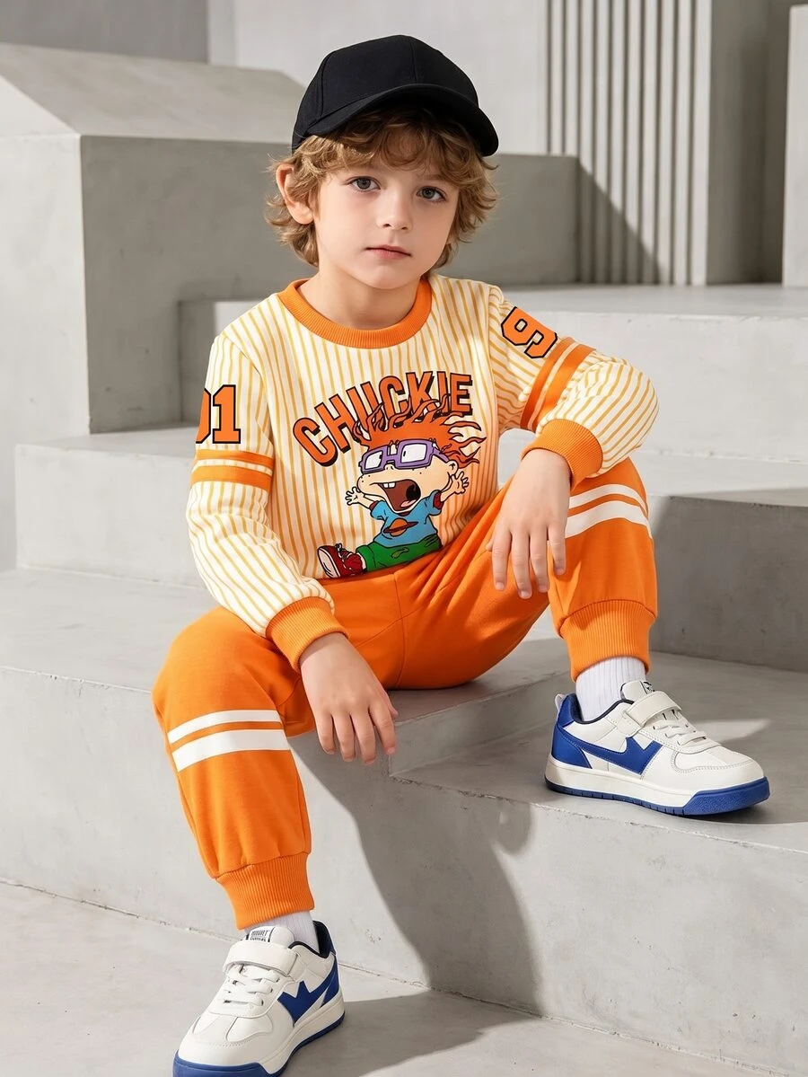 Nick 90s | SHEIN NICK 90S I,Boys' Chuckie Finster 2 Pieces Set, Rugrats White Crew Neck Long Sleeve Sweatshirt Jogger Pants, Winter Halloween Beach - Orange - View 1
