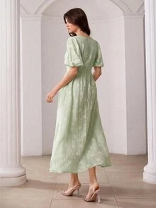 Modelyn V-Neck Puff Sleeve Jacquard Front Button Dress - Green - View 3