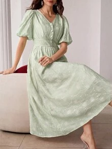 Modelyn V-Neck Puff Sleeve Jacquard Front Button Dress - Green - View 5