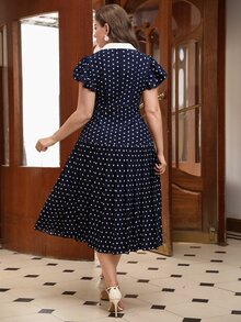 Auvina Summer French Retro Ruffled Cap Sleeve Navy Polka Dot Waist Flared Midi Dress, Plus Size - Blue - View 2