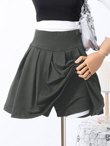 SHEIN 青少年女孩休閒學院風灰色針織百褶裙褲 2合1，百搭運動健身芭蕾舞蹈服，校園網球秋季穿搭 - 深灰色 - 查看 6